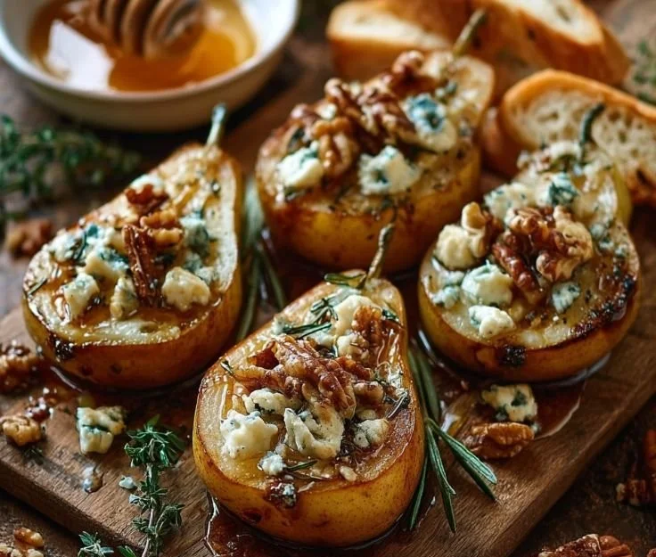 Delicious roasted pears with goat cheese and maple-walnut drizzle served on a plate.
