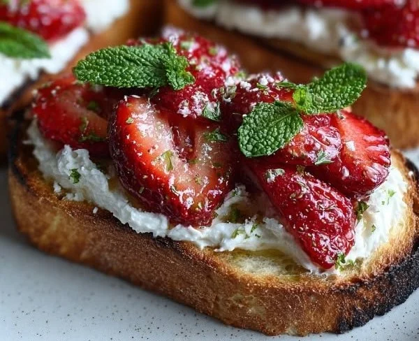 Roasted strawberry whipped ricotta on toasted bread garnished with fresh strawberries