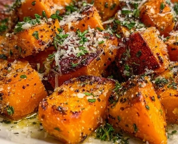 Roasted sweet potatoes with garlic and parmesan sprinkled on top