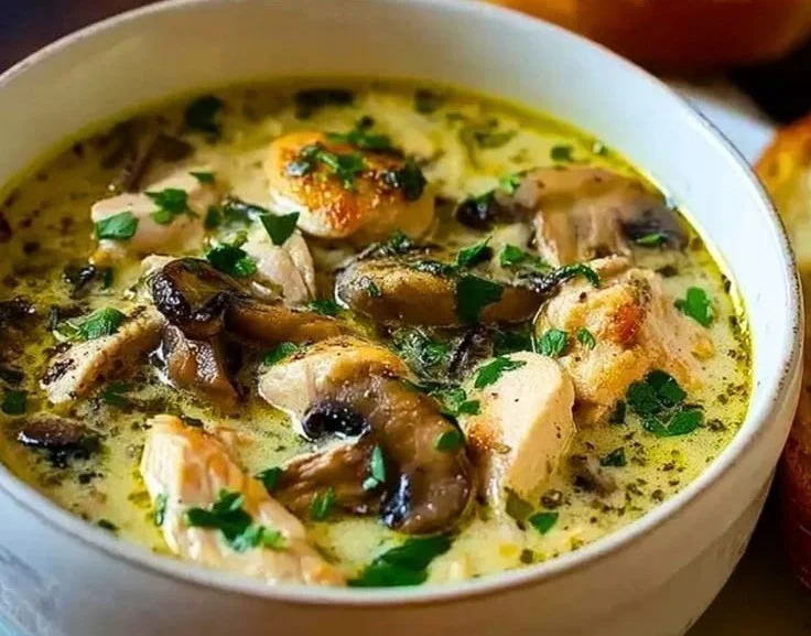 Delicious rotisserie chicken and mushroom soup in a bowl with fresh herbs.