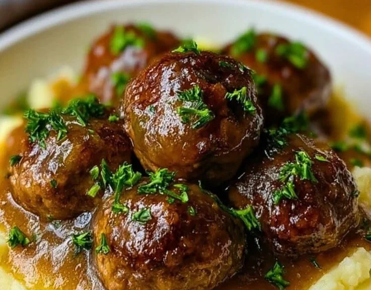 Salisbury steak meatballs served with gravy and mashed potatoes