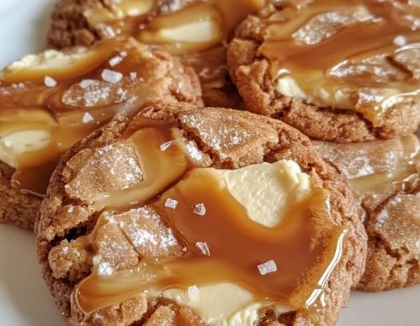 Delicious salted caramel cheesecake cookies stacked on a plate