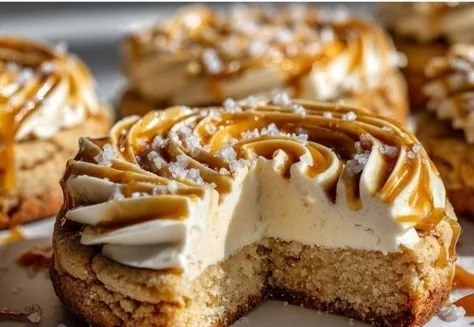 Salted Caramel Cheesecake Cookies with drizzled caramel