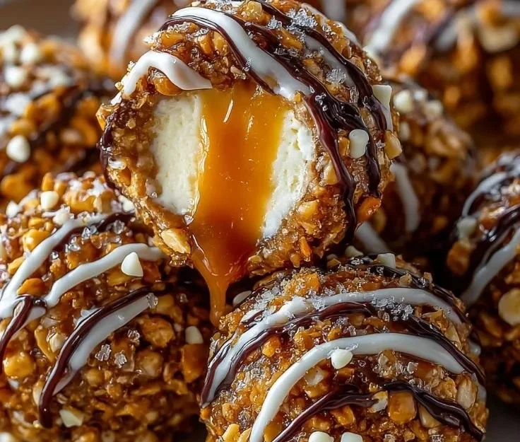 Delicious salted caramel pretzel cheesecake balls drizzled with caramel sauce