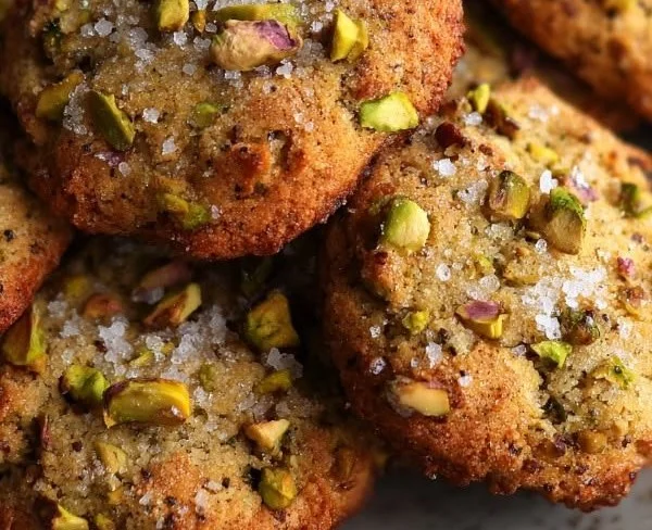 Delicious salted honey pistachio cookies with a golden crust and nutty topping.