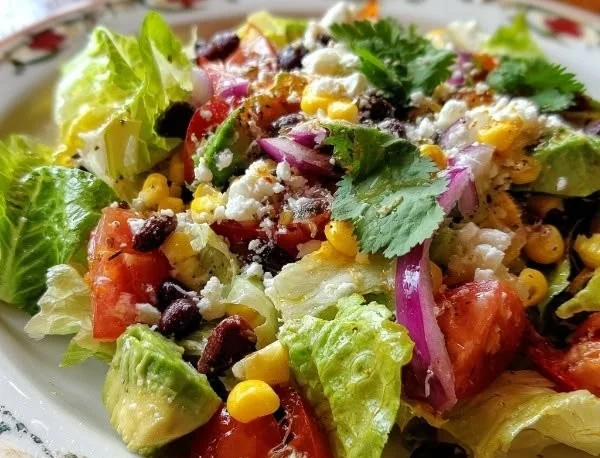 Colorful Santa Fe Salad with fresh vegetables, beans, and spices served in a bowl.
