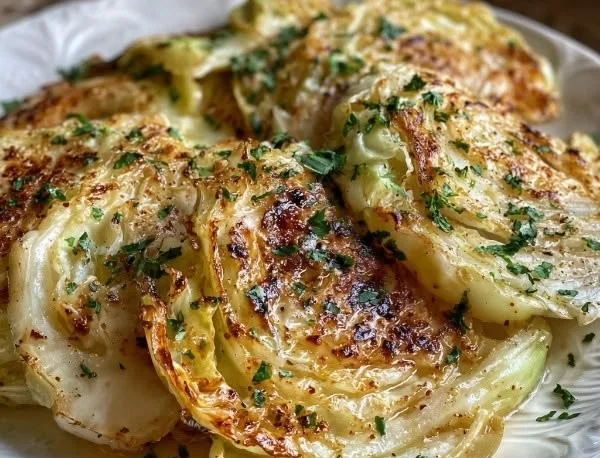 Savory garlic butter cabbage steaks on a plate, garnished with herbs.