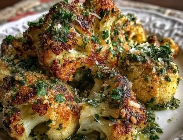 Savory roasted cauliflower garnished with Parmesan and pesto sauce