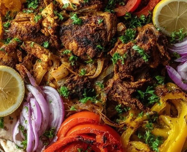 Delicious Sheet Pan Chicken Shawarma served with veggies on a baking tray
