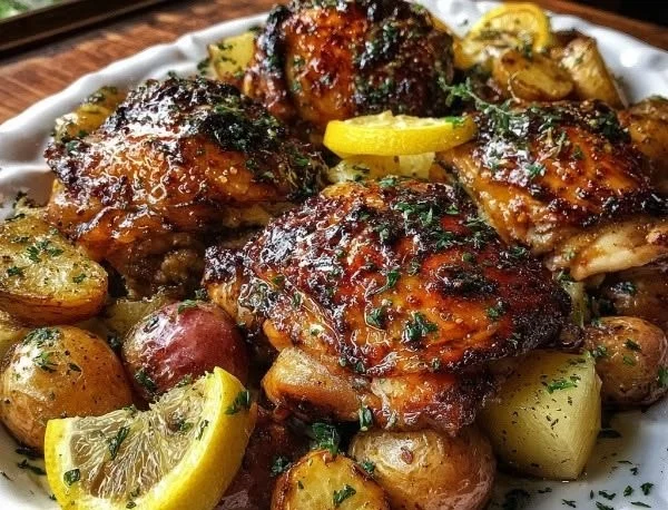 Sheet pan lemon balsamic chicken with roasted potatoes on a platter