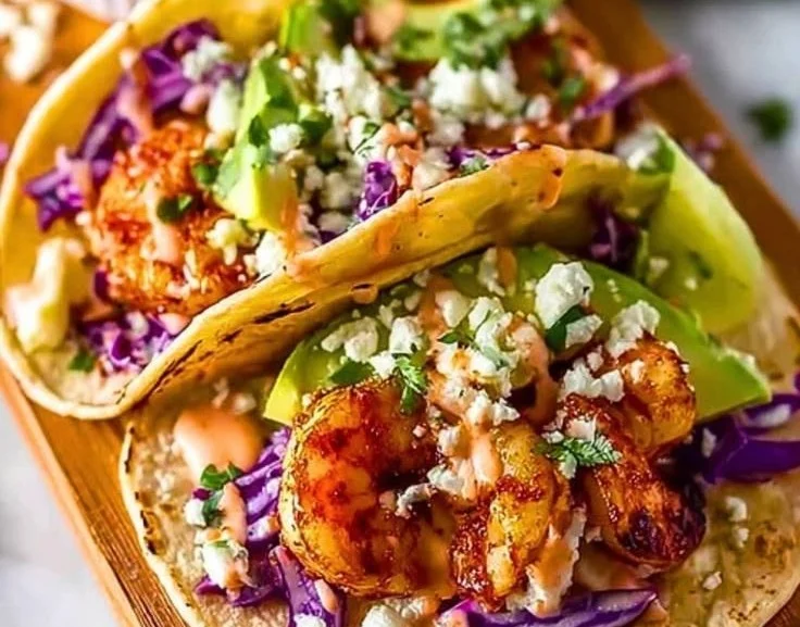Plate of vibrant shrimp tacos topped with fresh salsa and cilantro