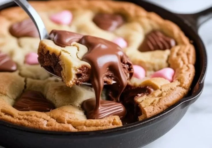 Delicious skillet chocolate chip cookie fresh out of the oven, served warm.