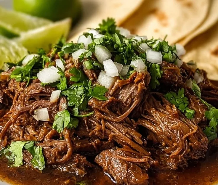 Tender slow cooker barbacoa served in a taco with toppings