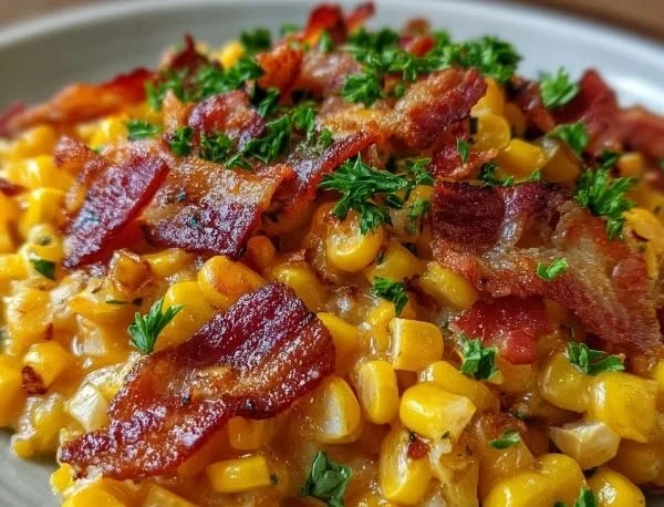 Delicious slow cooker cheddar corn with bacon served in a bowl