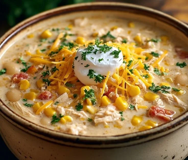 Bowl of Slow Cooker White Chicken Chili topped with cilantro and jalapeños