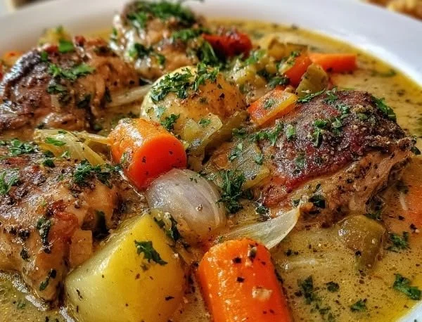Slow cooker white wine chicken stew with vegetables and herbs