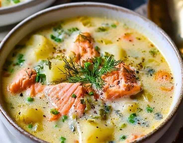 Bowl of smoked salmon potato chowder garnished with fresh herbs