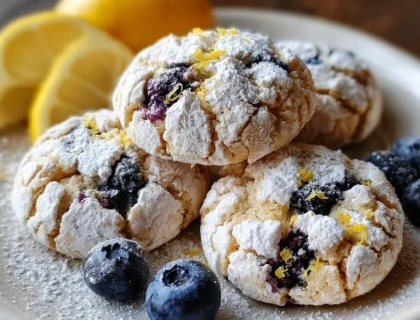 Soft blueberry lemon crinkle cookies on a plate, showcasing their vibrant colors.