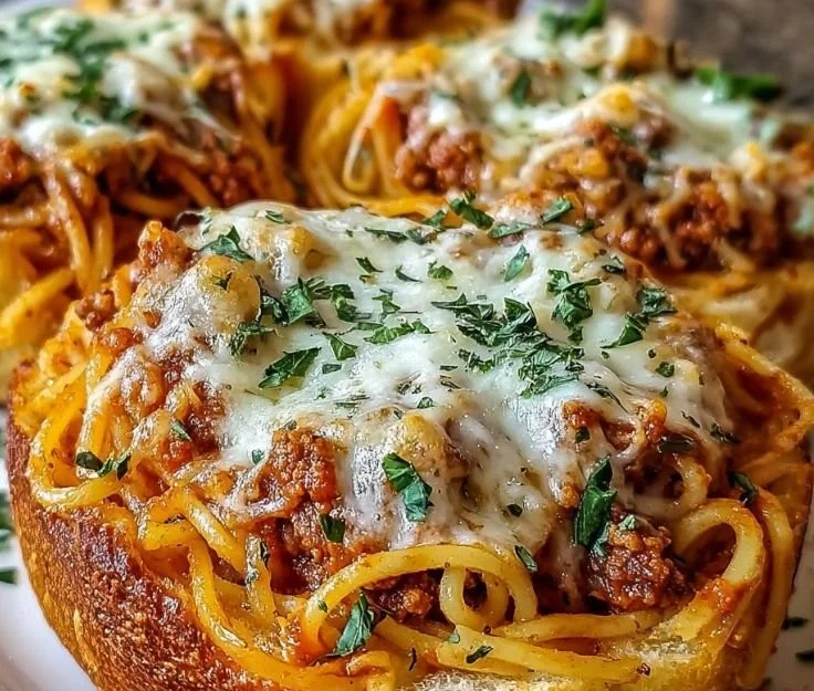 Spaghetti served in crispy garlic bread bowls topped with herbs