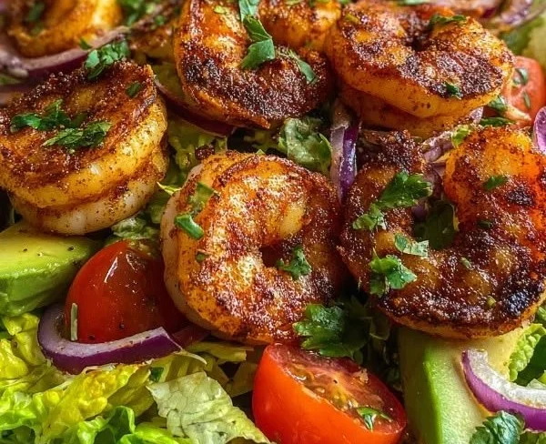 Spicy Cajun grilled shrimp salad served in a colorful bowl with fresh vegetables.