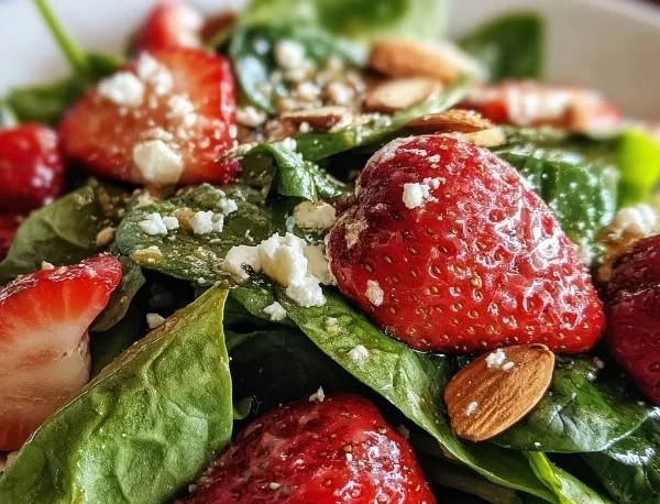 Fresh spinach and strawberry salad garnished with nuts and dressing