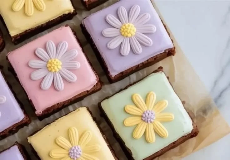 Delicious spring brownies topped with colorful spring decorations