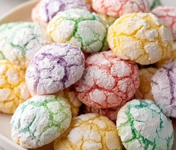 Springtime crinkle cookies dusted with powdered sugar on a plate.