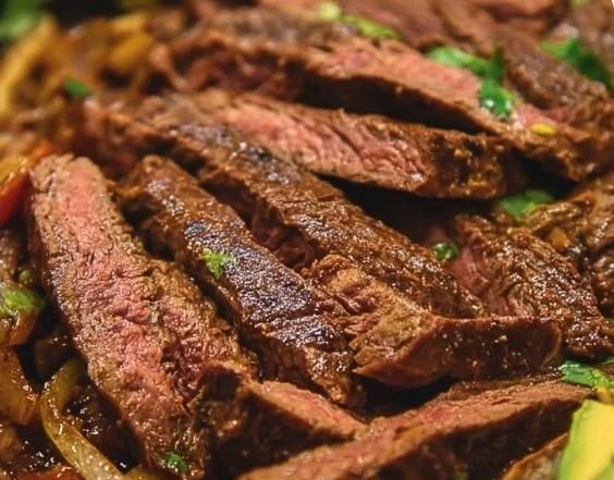 Marinated steak fajitas grilled and served with colorful bell peppers