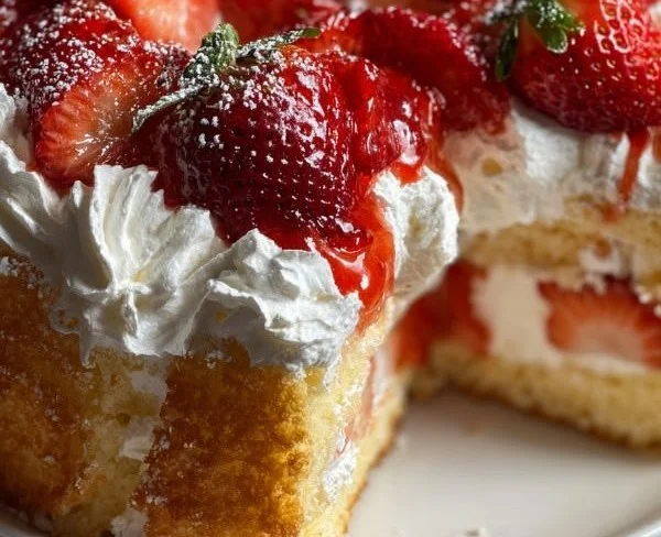 Slice of Strawberry Angel Food Cake topped with fresh strawberries and whipped cream