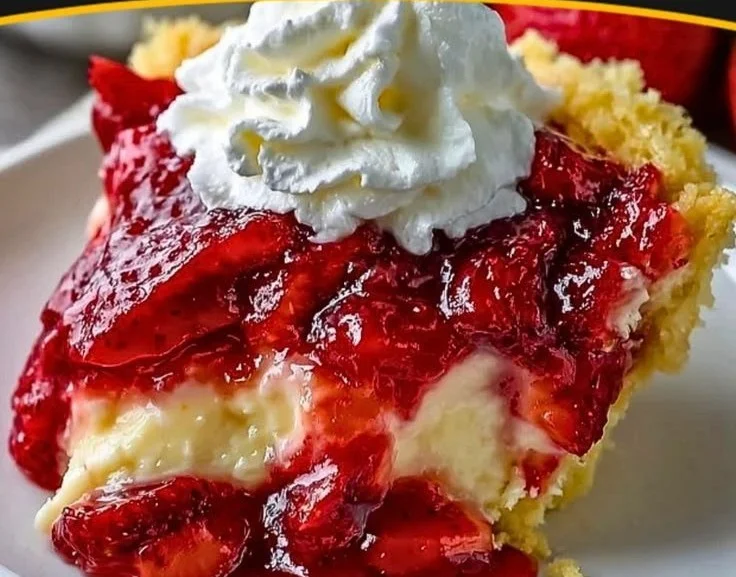 Delicious Strawberry Cheesecake Dump Cake topped with fresh strawberries