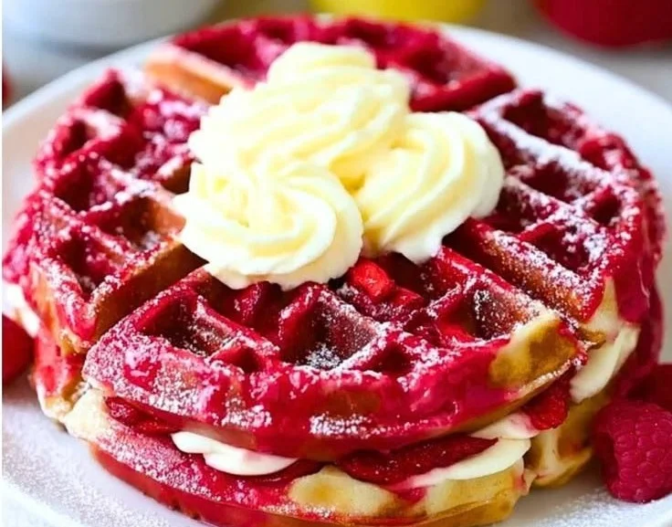 Delicious strawberry cheesecake stuffed waffles ready to be served
