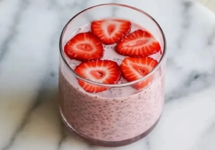 Delicious strawberry chia seed pudding in a glass with fresh strawberries on top