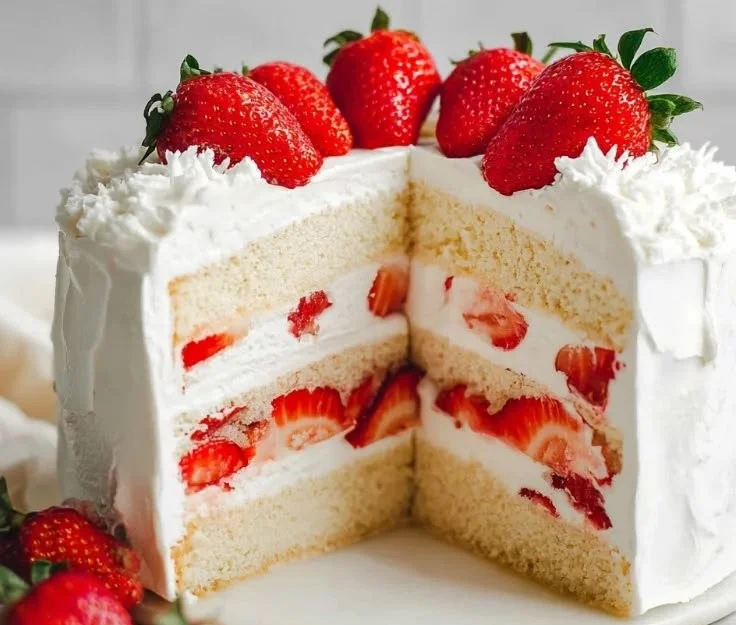 Deliciously layered strawberry cream cake with fresh strawberries and whipped cream