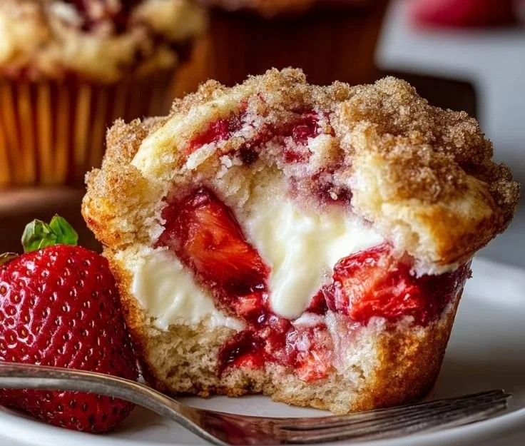 Freshly baked Strawberry Cream Cheese Muffins on a wooden table
