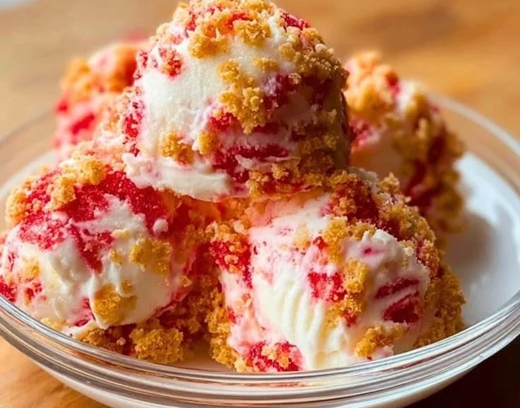 Homemade strawberry crunch ice cream served in a bowl with fresh strawberries
