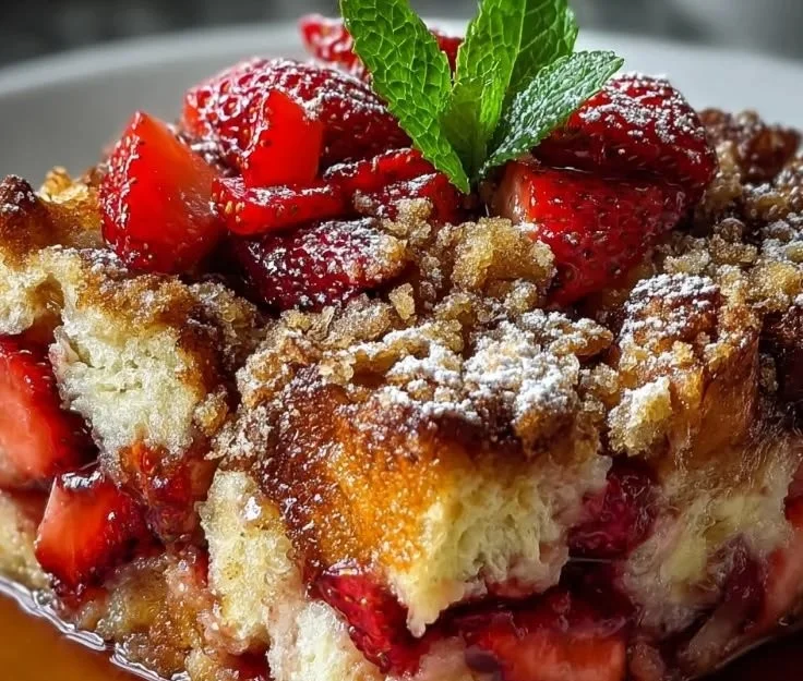 Delicious Strawberry French Toast Casserole with fresh strawberries and syrup