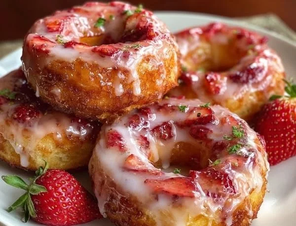 Freshly made strawberry glazed donuts with a pink frosting