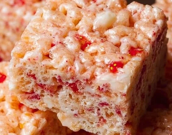 Strawberry Rice Krispie Treats with fresh strawberries and marshmallows