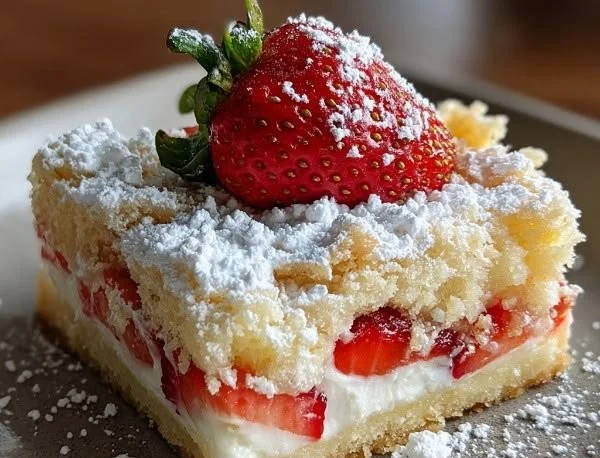 Delicious Strawberry Shortcake Bars served on a plate with fresh strawberries