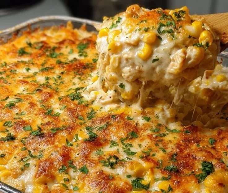 Delicious street corn chicken casserole topped with cheese and spices
