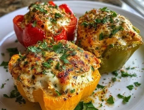 Colorful stuffed bell peppers filled with rice, meat, and veggies on a plate.