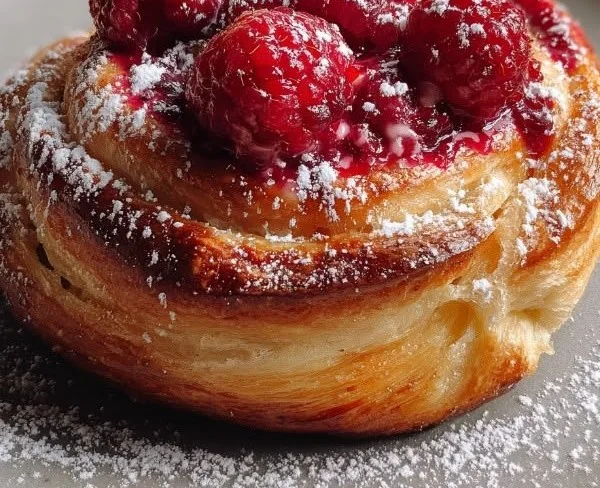 Freshly baked Sugar Raspberry Danish Bun with raspberry filling and powdered sugar.