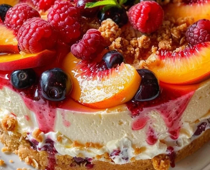 Summer berry and peach cheesecake topped with fresh berries