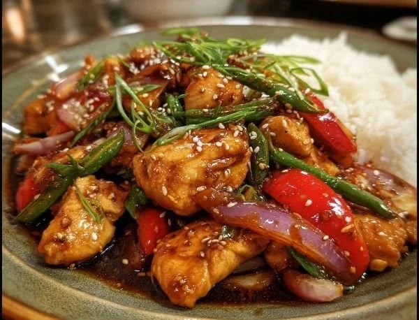 Delicious Sweet and Spicy Thai Chicken dish served on a plate with fresh garnishes.