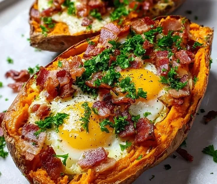 Sweet Potato Breakfast Boats topped with nutritious ingredients