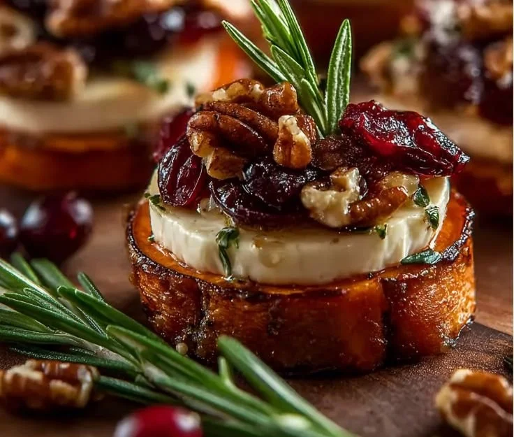 Sweet potato rounds topped with brie, cranberry, and pecans on a platter