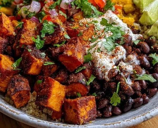 Delicious sweet potato taco bowl topped with fresh veggies and avocado.