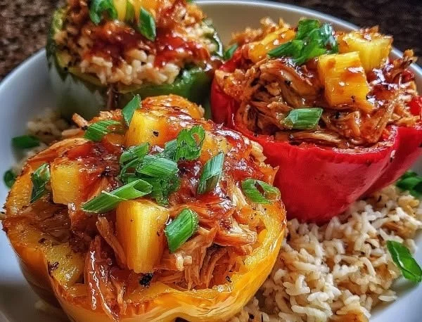 Teriyaki pineapple chicken and rice stuffed peppers served on a plate.