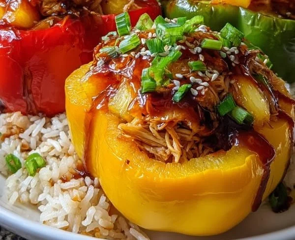 Teriyaki Pineapple Chicken and Rice Stuffed Peppers on a plate