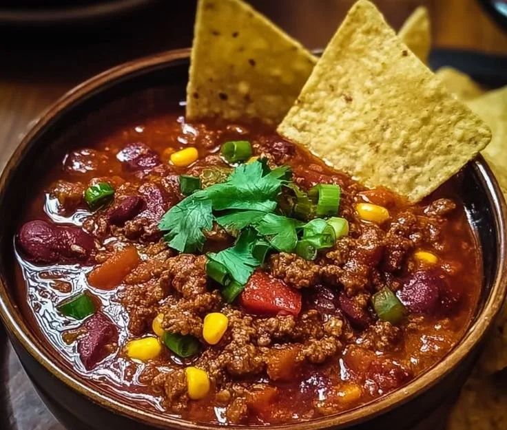 Delicious Texas Roadhouse chili served in a bowl, garnished with toppings.